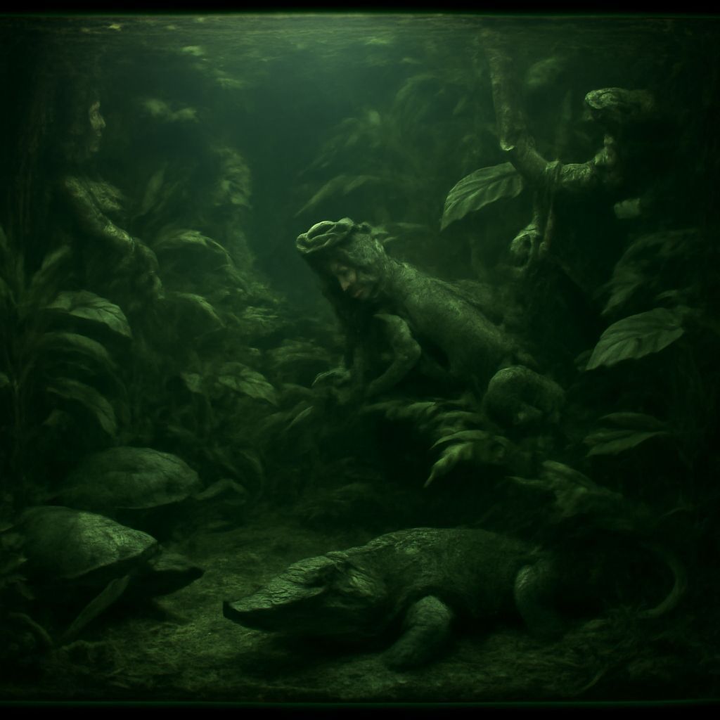 Murky Aquarium of Reptiles and Plants in Dreamlike Style
