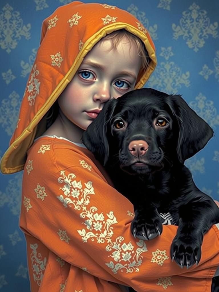 Puppy Comforts Alien Baby: A Klimt-Inspired Scene