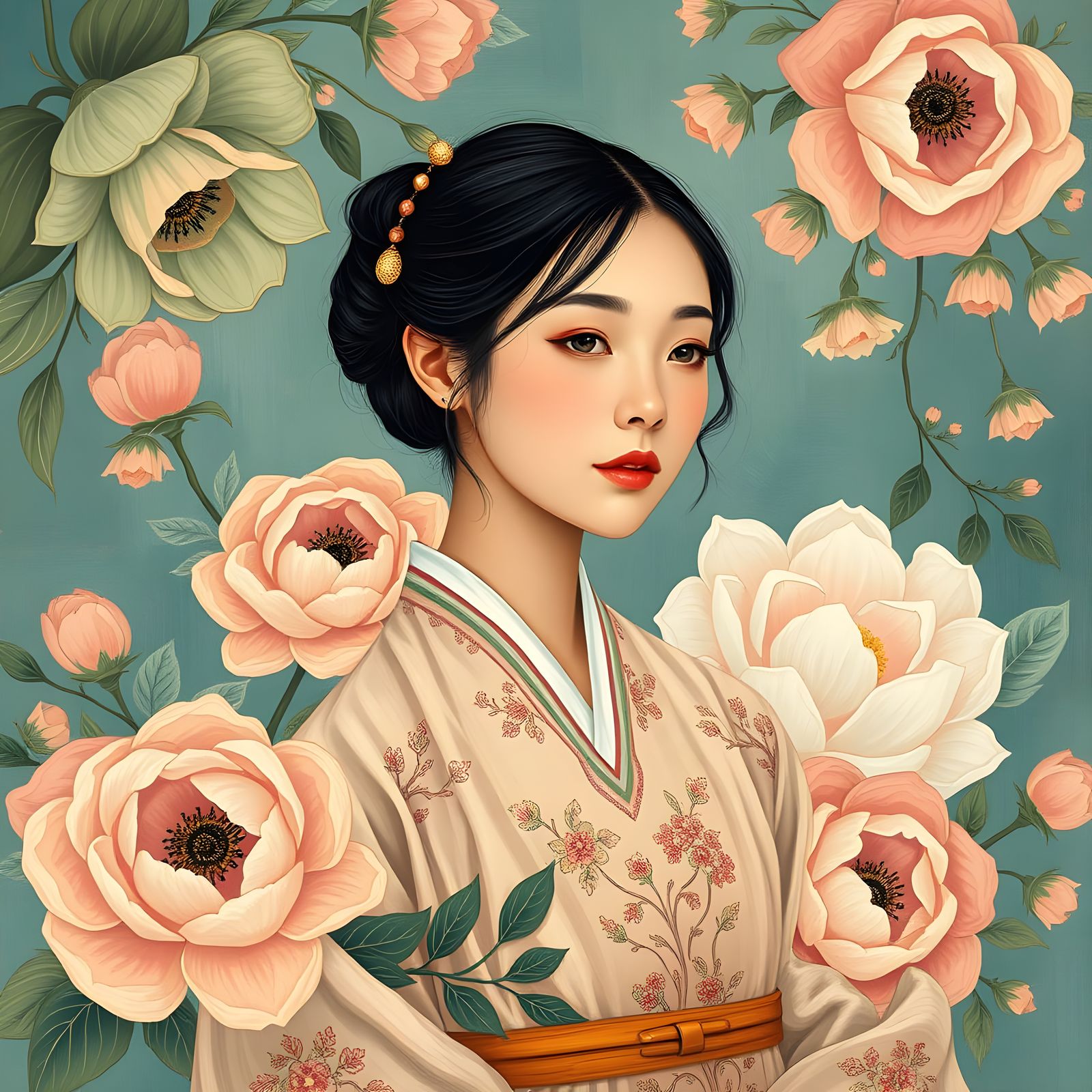 Ethereal Korean Beauty in Florals, Arts and Crafts Style