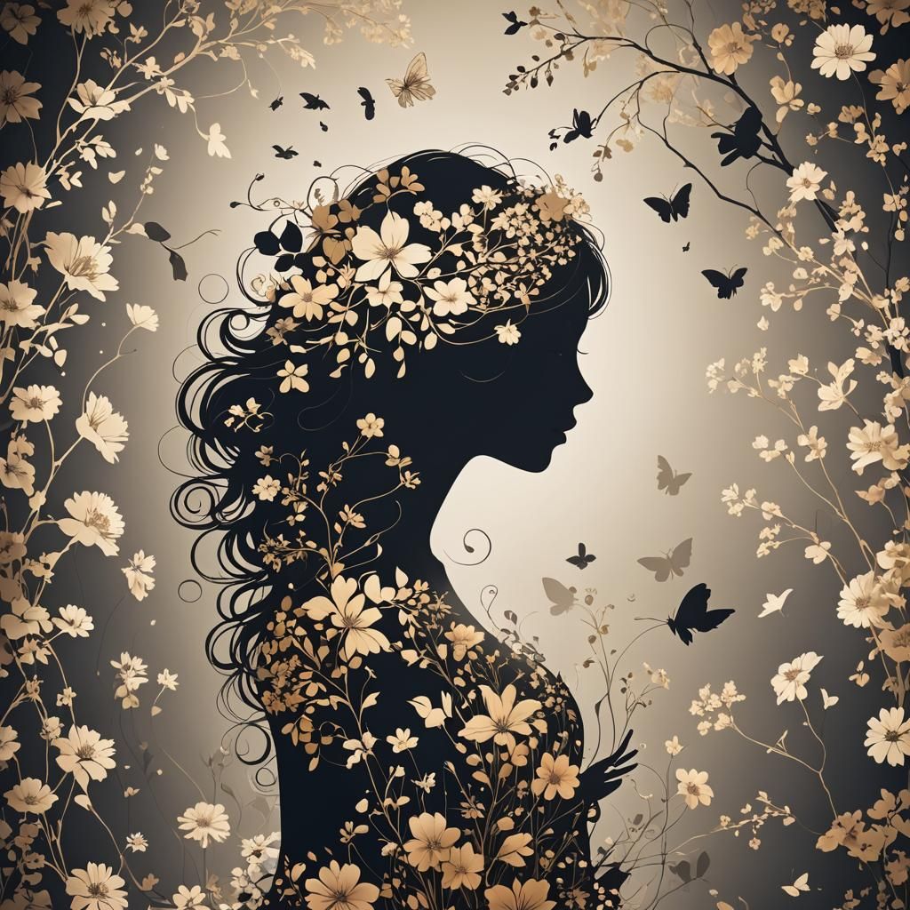 Ethereal Silhouette of Woman with Floral Elements