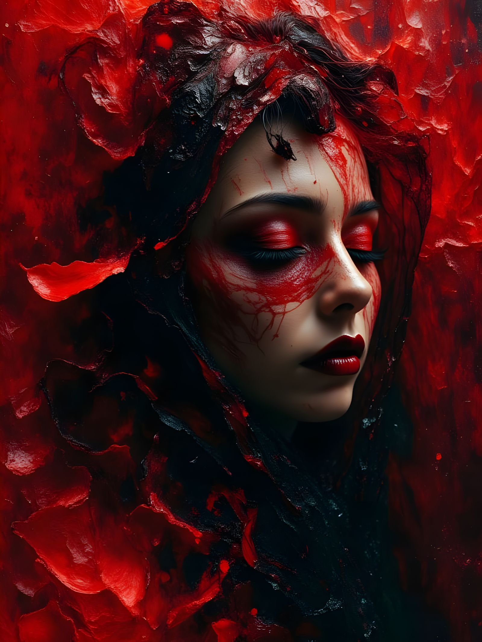 Dramatic Red Portrait in Macabre Realism Style