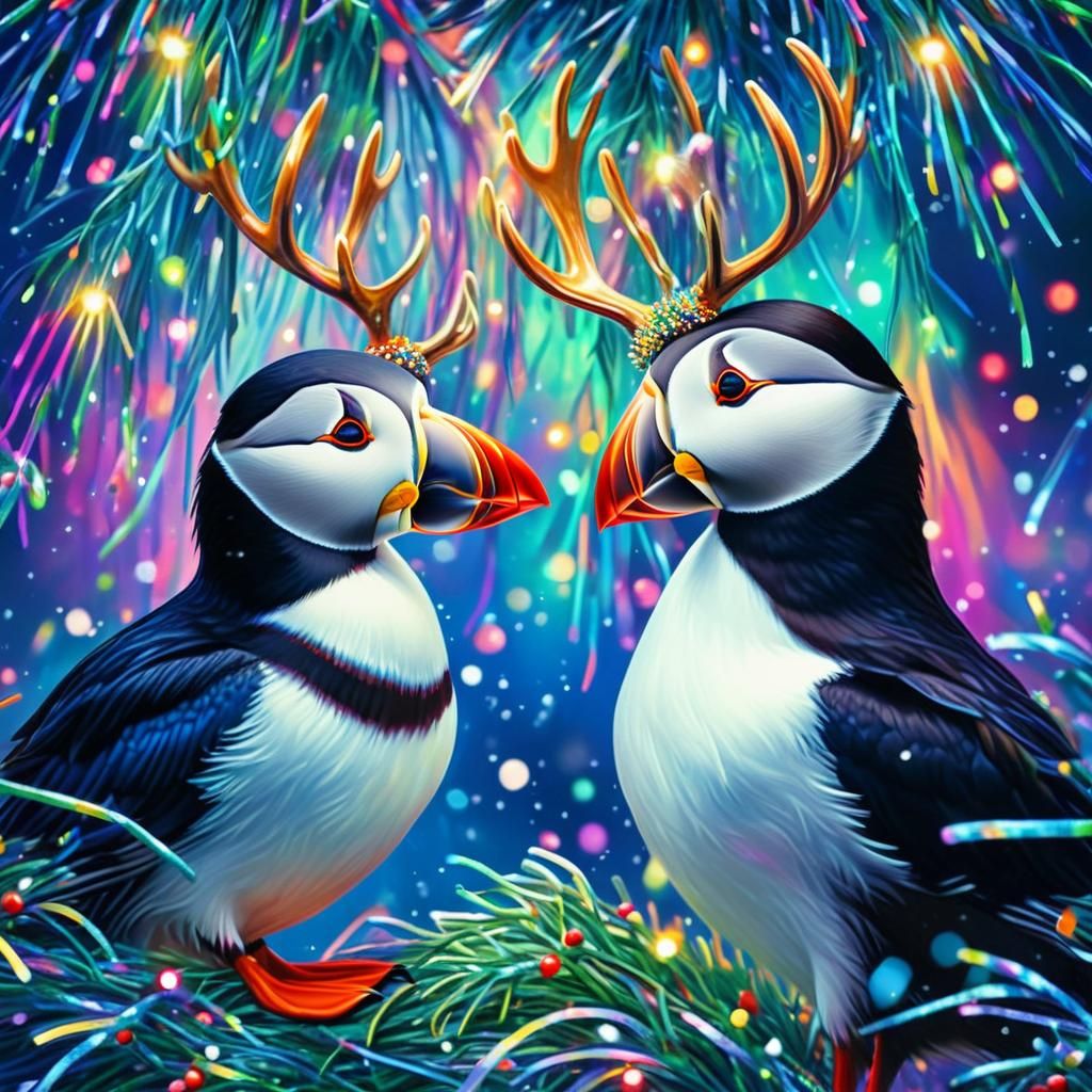 Psychedelic Puffin with Antlers in Surrealist Style