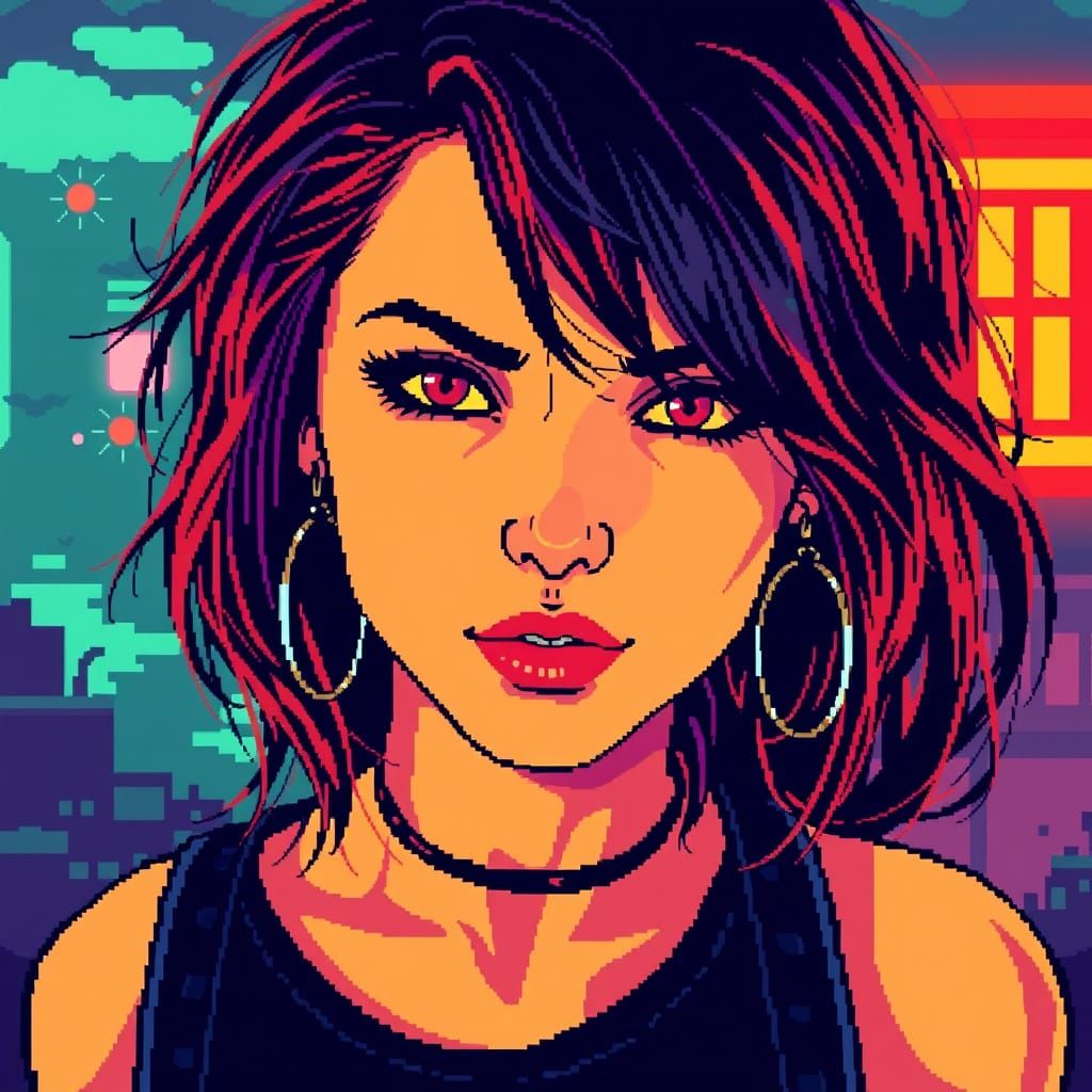 Grunge Woman Trapped in 8-Bit Videogame Atmosphere
