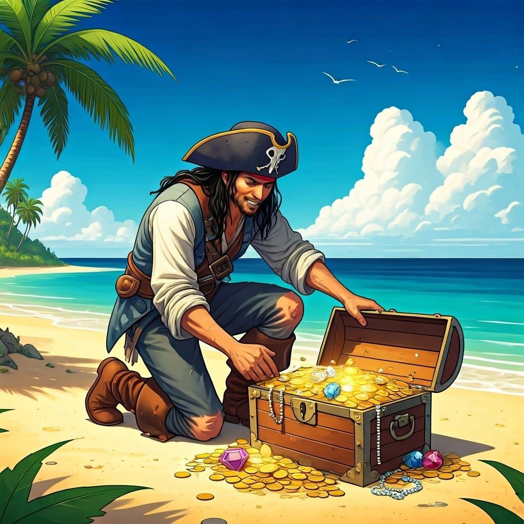 Pirate Discovers Treasure on Tropical Island