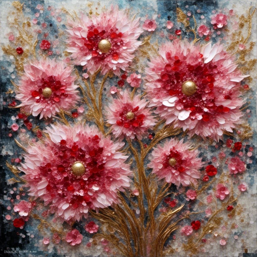 Floral Impressionist Painting with Mosaic and Gold Foil