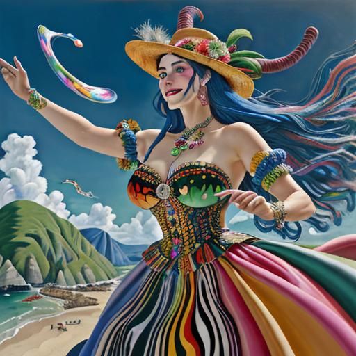 Cheerful Musicians in Colorful Landscape, Oil Painting