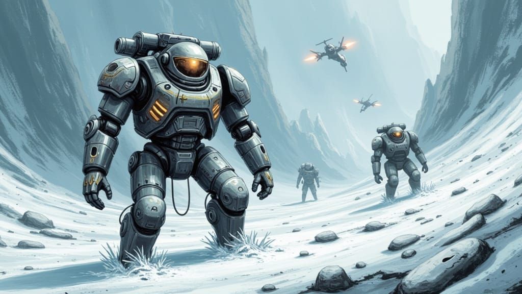 Petrolpunk Mechs on Frozen Tundra in Sepia Ink