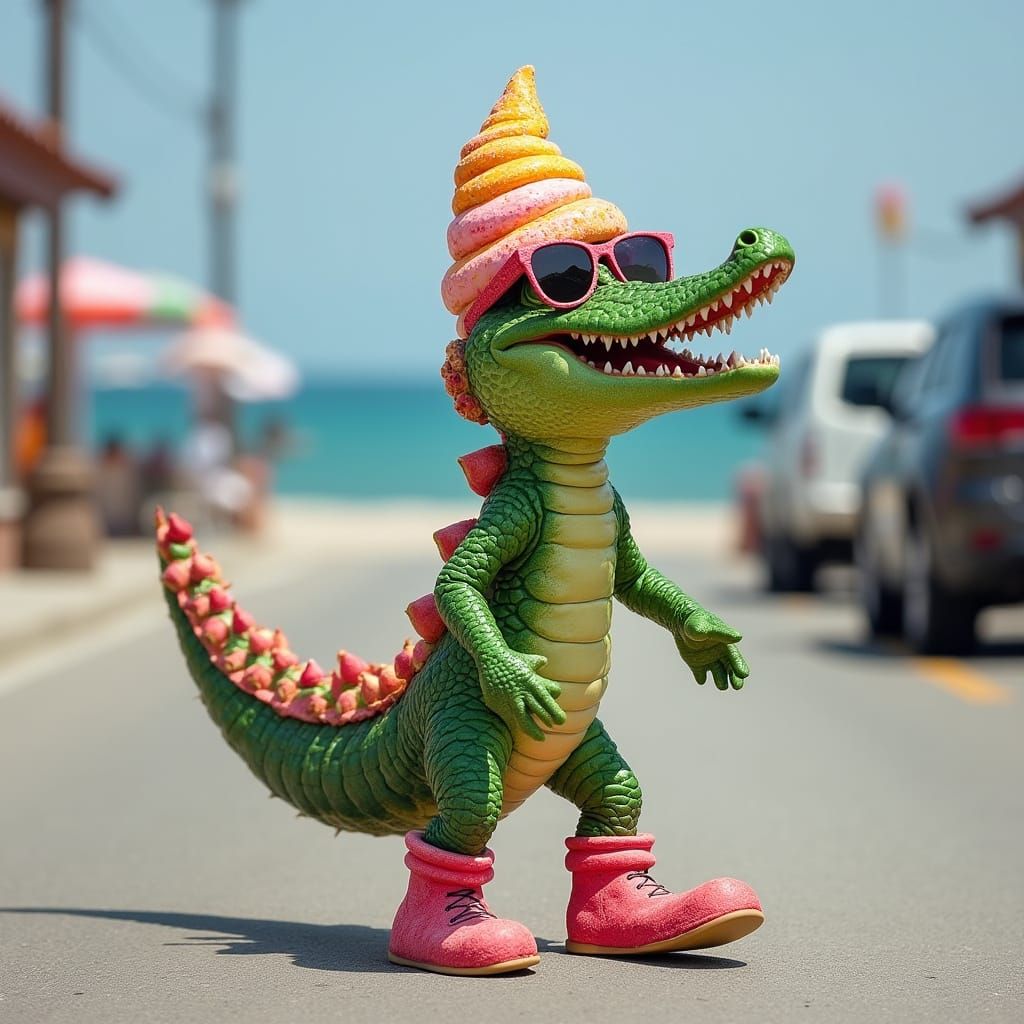 Crocodile in Colorful Beachwear Strolls Along the Shore