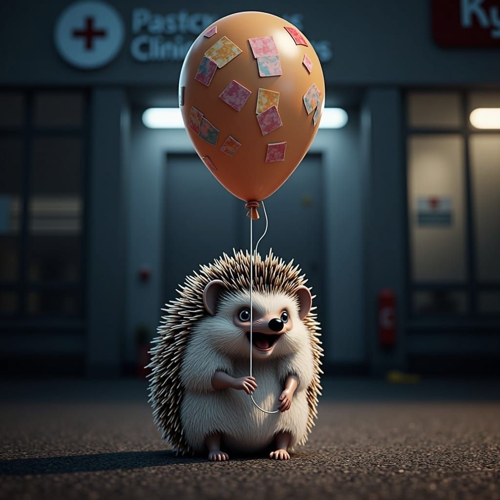 Hedgehog and Frightened Balloon in Photorealistic 8K