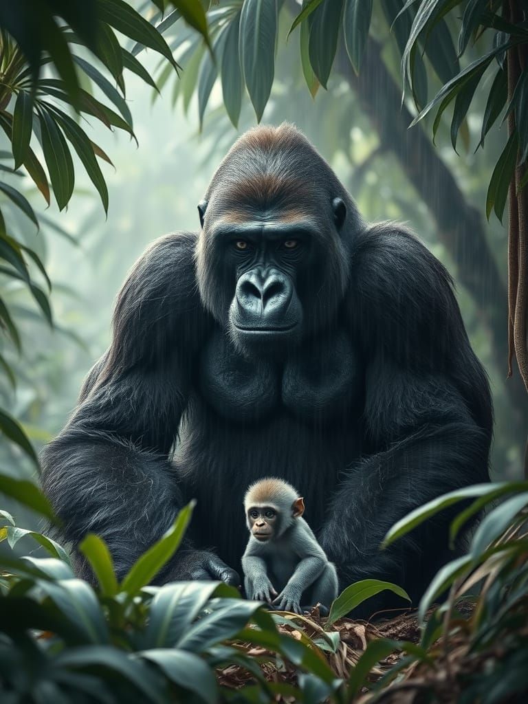 Giant Gorilla Shelters Monkey in Misty Congo Jungle