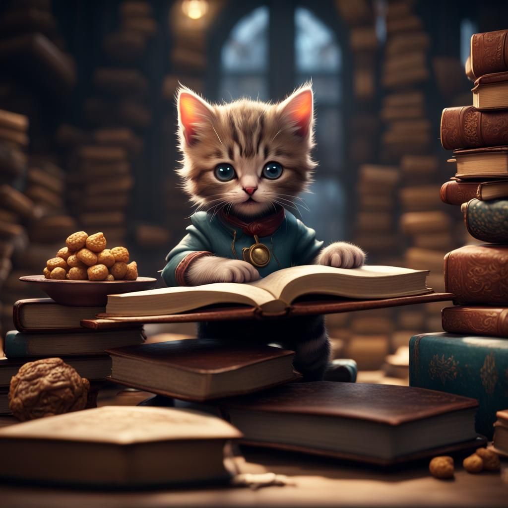 Cute Kitten Scholar Enjoys Treats on Books