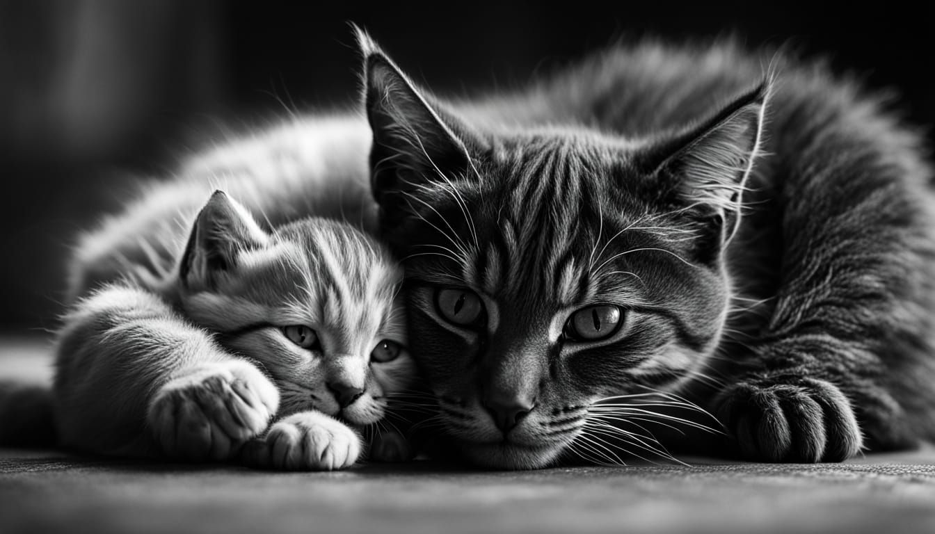 Gentle Cat Mom Embracing Newborn Kittens in a Soft Black-and...