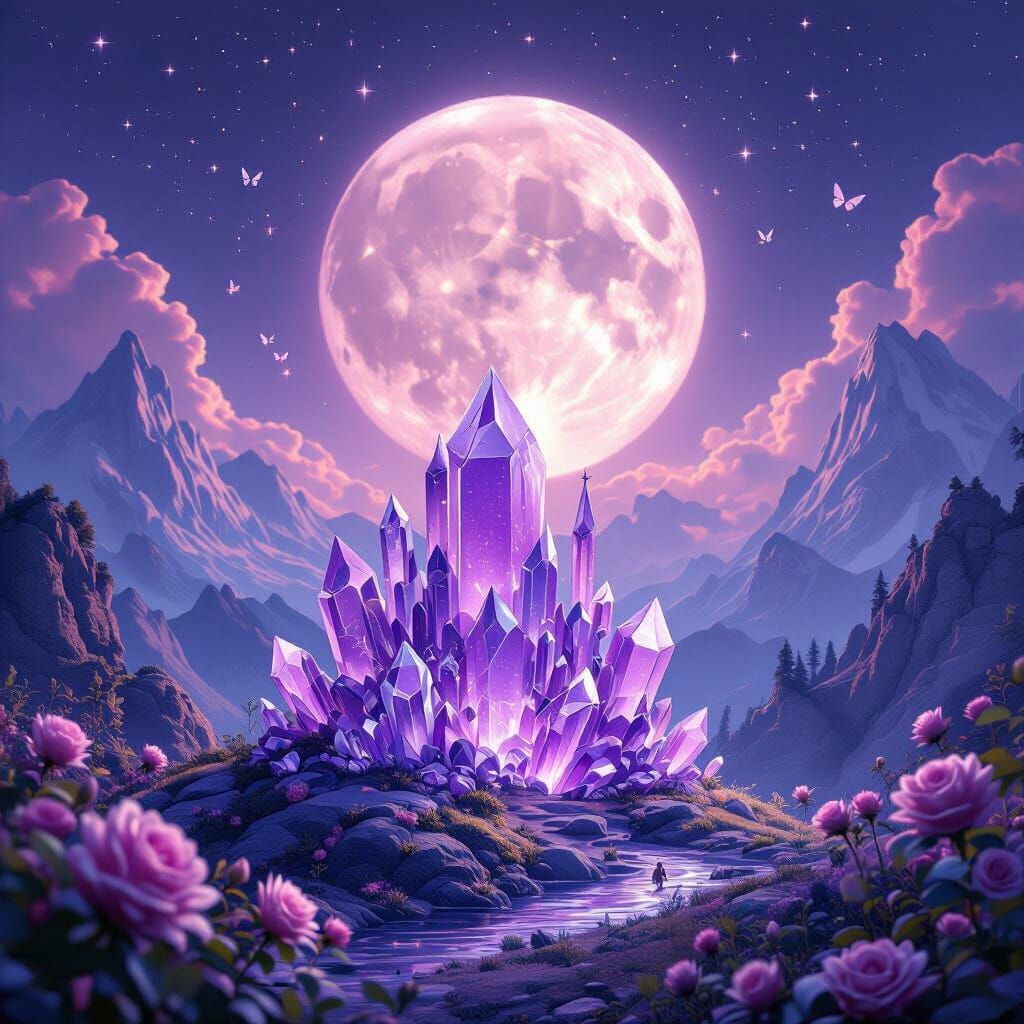 Fantasy Landscape with Crystals Under Pink Supermoon
