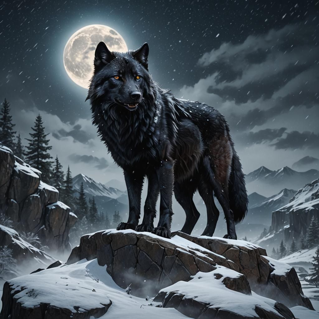 Black Wolf Howling at Moon in Winter Snow