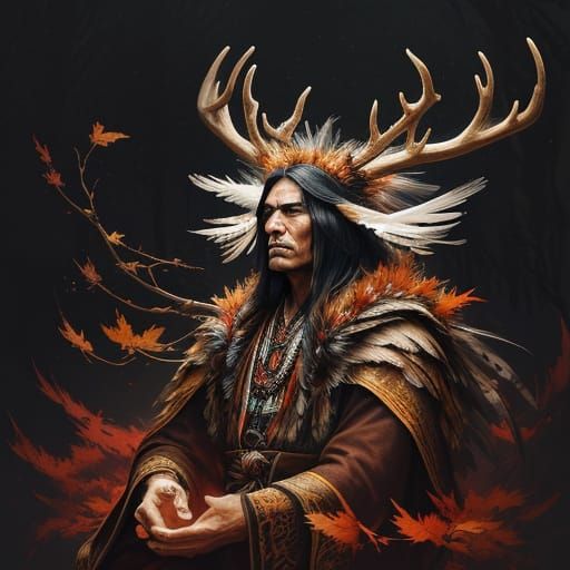 Native Spirit Guide Meditating in Autumn Forest Double Expos...