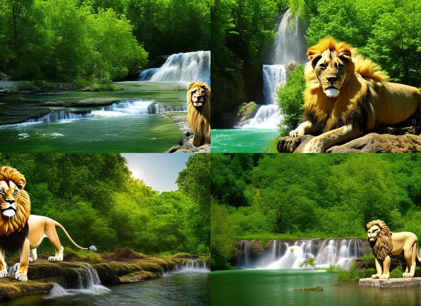 Lion in Macedonian Landscape with Waterfall