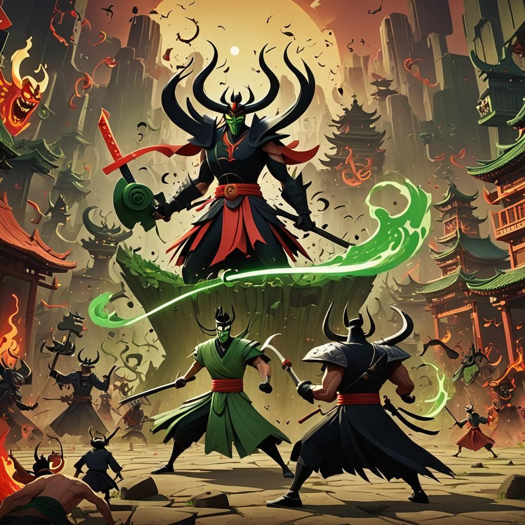 Samurai Jack vs Aku: Future Battle in Detailed Matte Paintin...