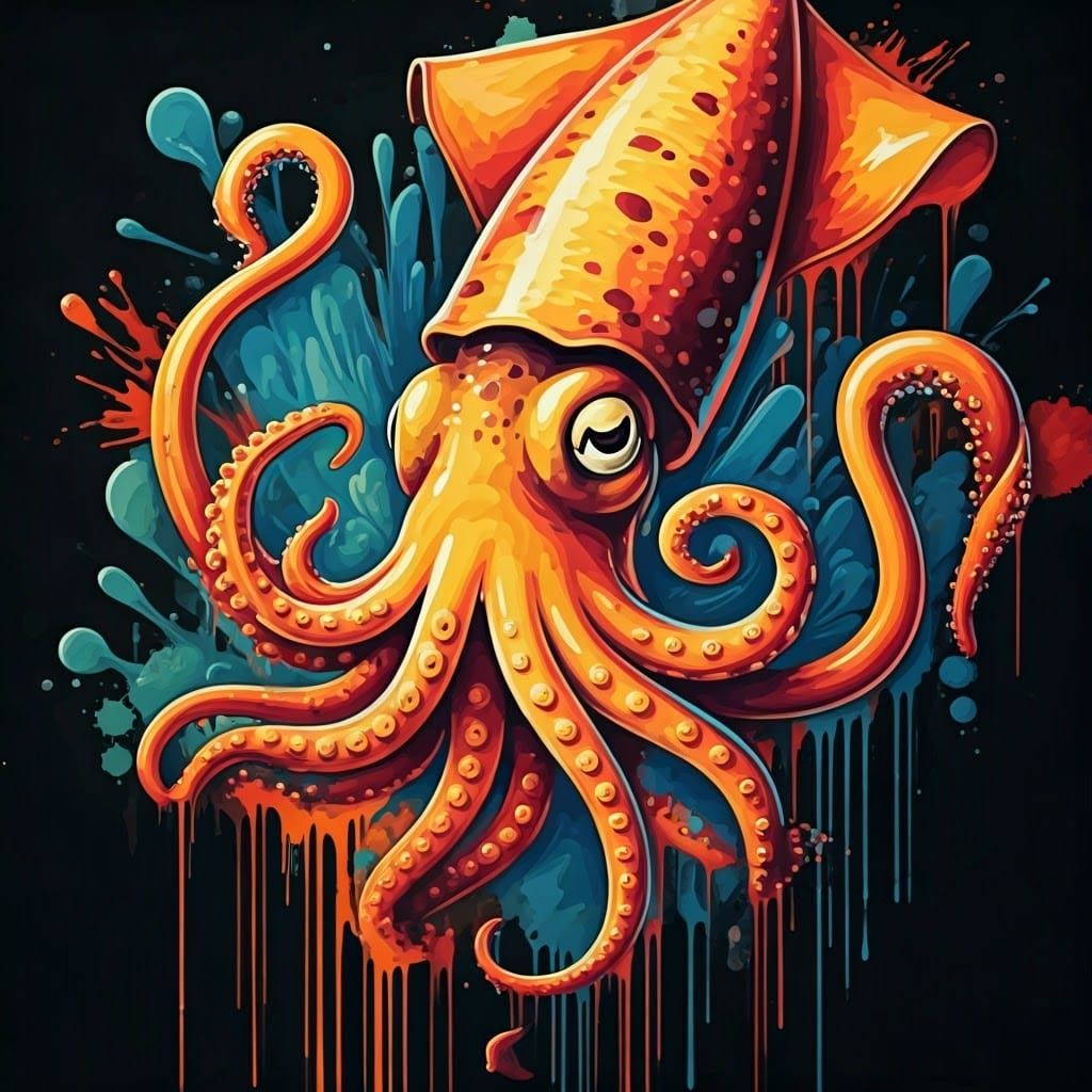 Vibrant Squid Graffiti Art in High-Contrast Polychromatic St...