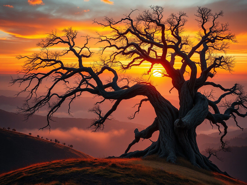 Surreal Landscape with a Gnarled Tree against a Dramatic Sun...