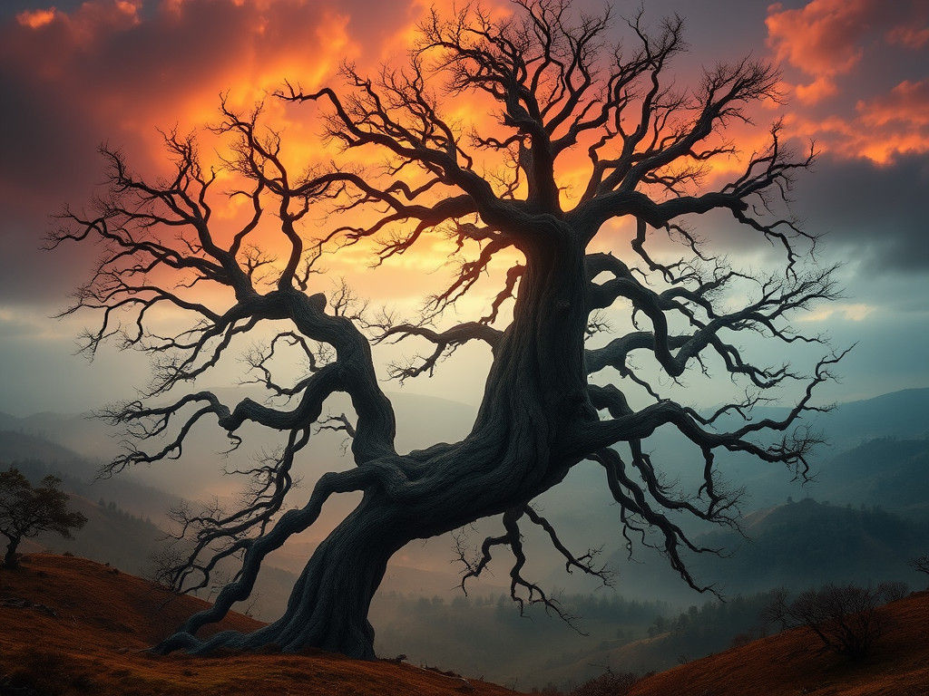 Ancient Tree Reaching to Fiery Sky, Romantic Landscape