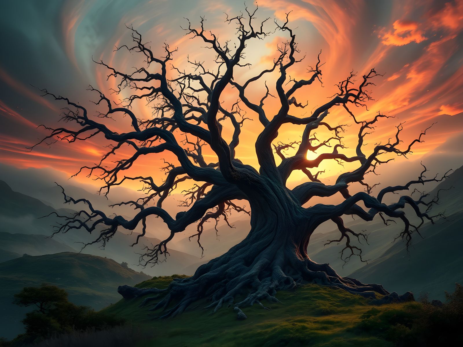 Majestic Twisted Tree Sunset: Luminous Romanticism
