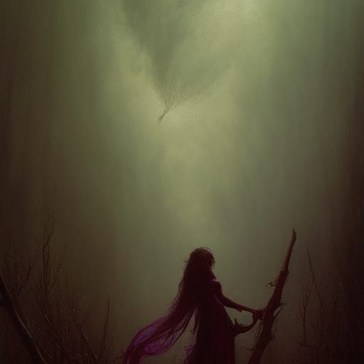 Eerie Dark Purple Sorceress in Smoky Forest
