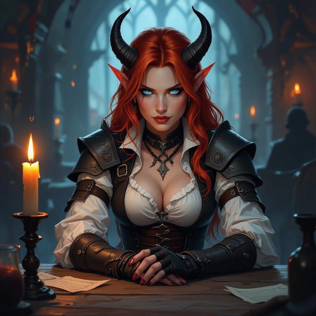 Tiefling Rogue in Gothic Tavern, Mystical Ambiance