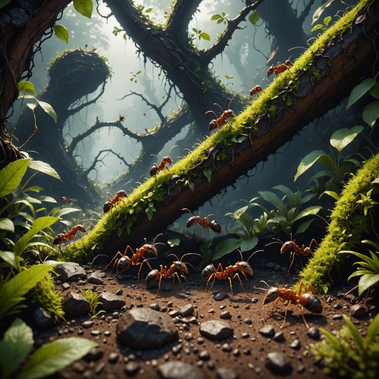 Ants Explore and Search for Food in Detailed Matte Painting