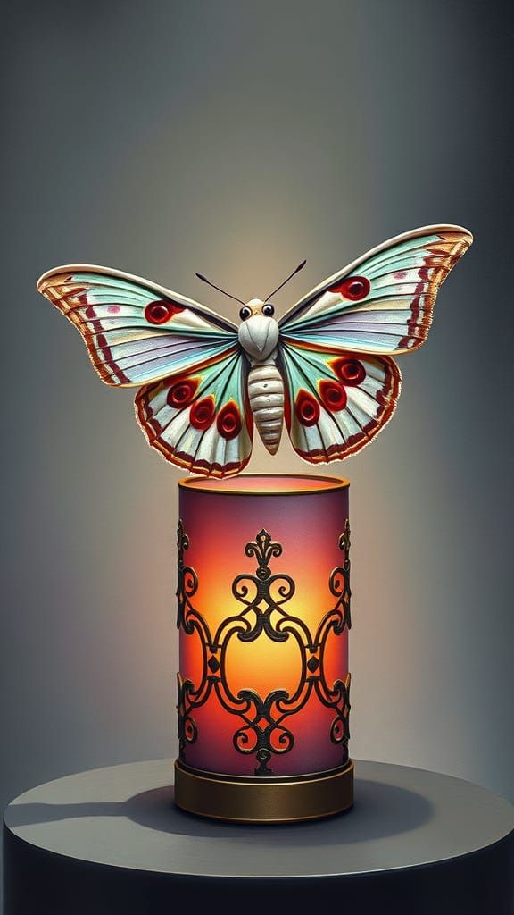Ivory Moth sitting on a Cylinder shaped Lamp Tim Burton cont...