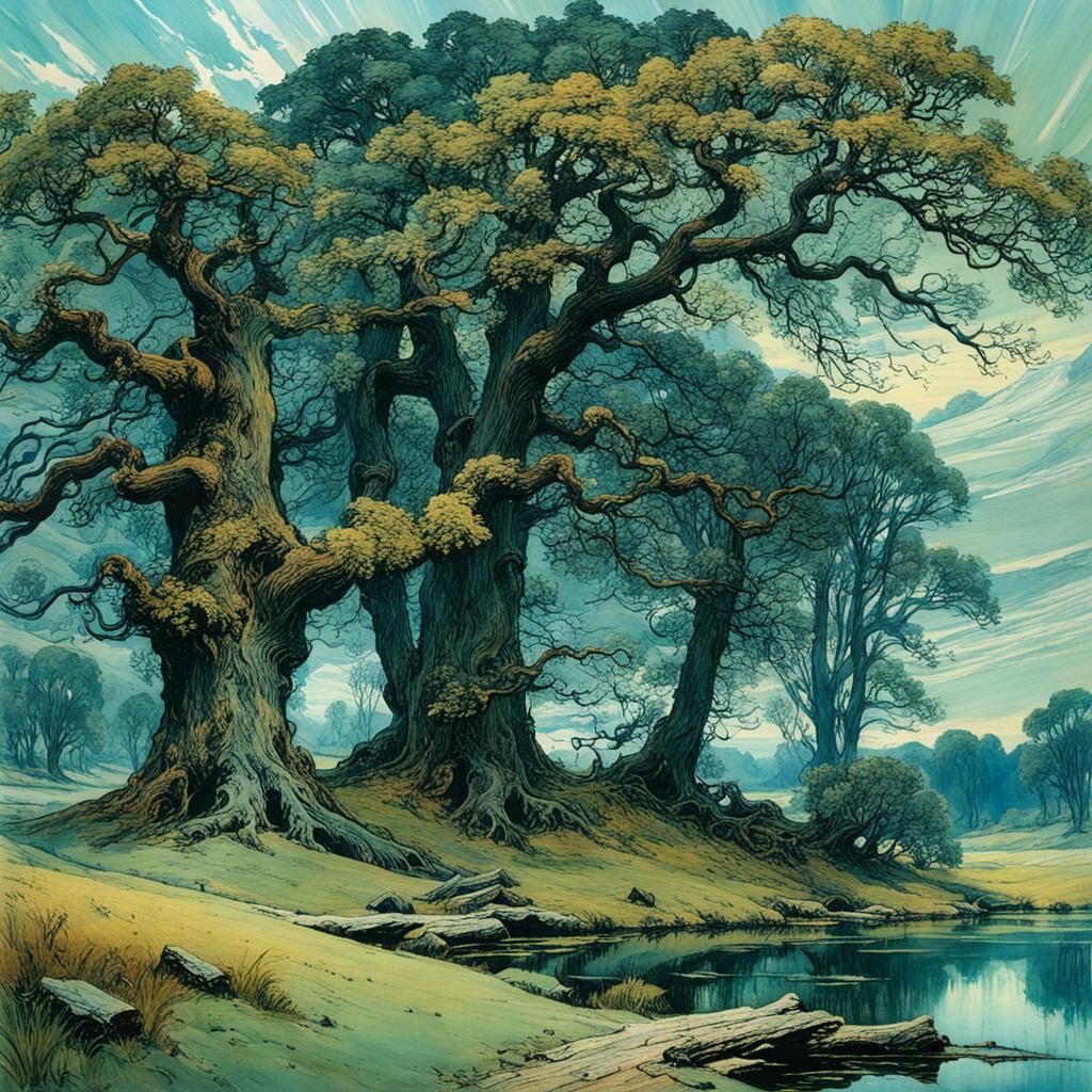 Lake Landscape with Oak Trees in Illustrative Style