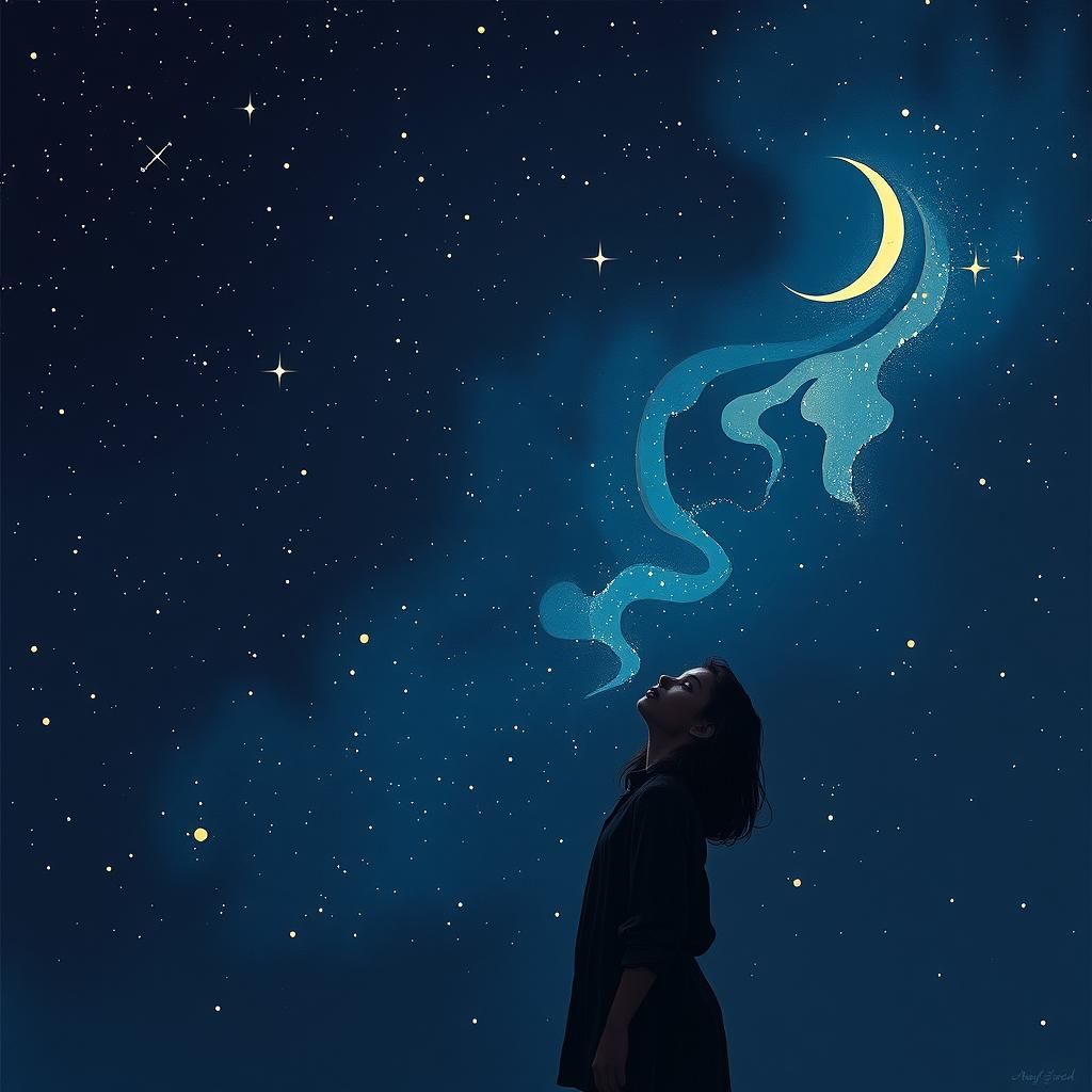 Woman Under Twinkling Night Sky in Dreamlike Style