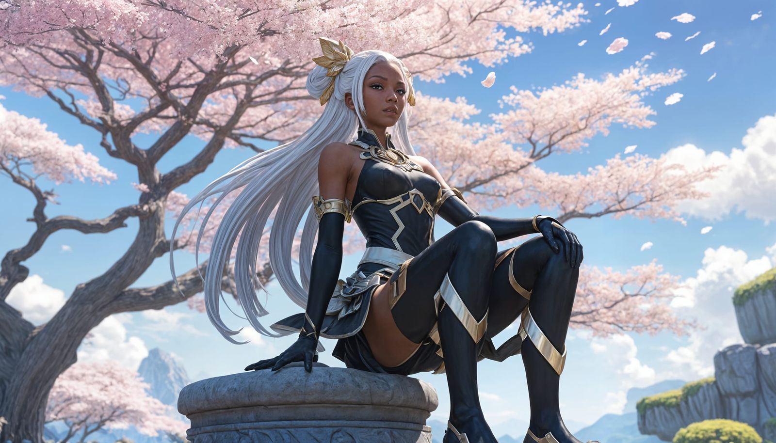 Surreal Anime Goddess Sits Among Vibrant Spring Blooms