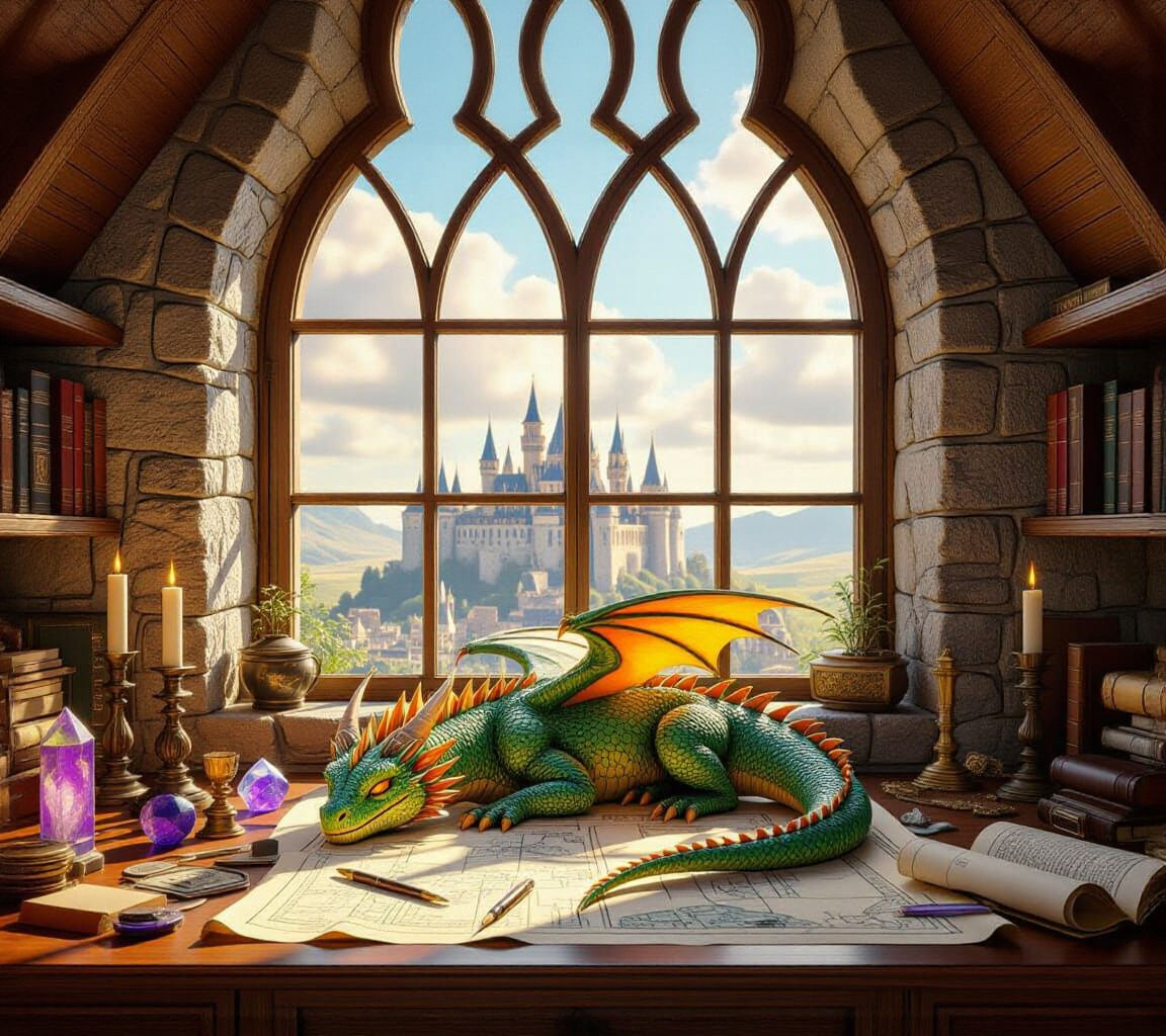 Sleeping Dragon in Medieval Office: 3D Illustration