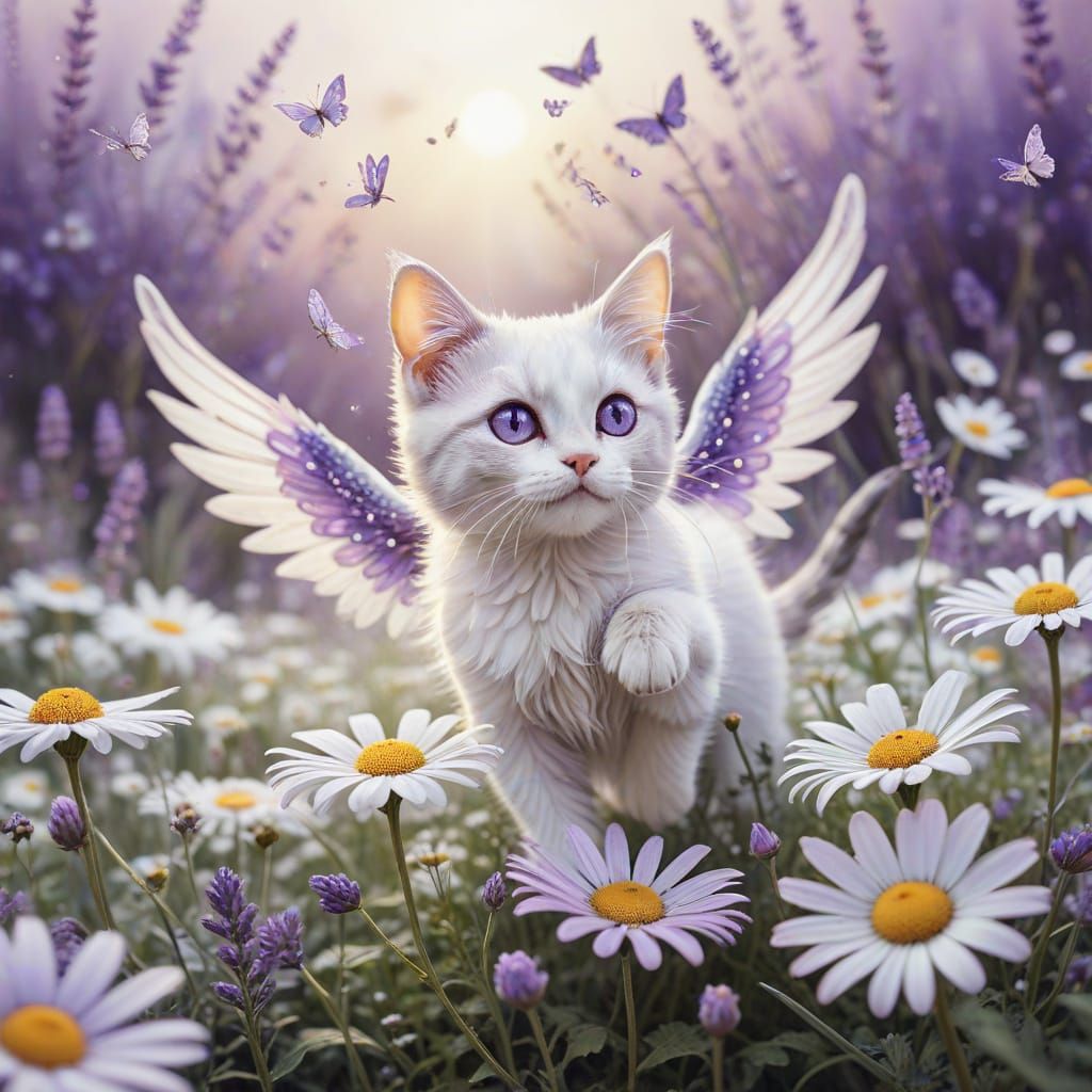 Whimsical Cat Soars Above Blooming Daisies in Pastel Colors
