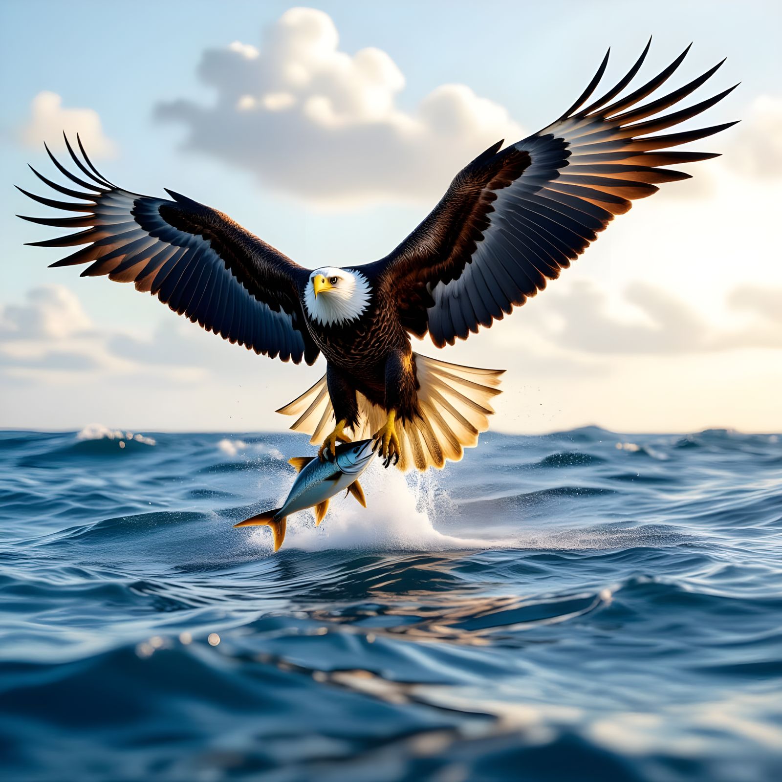 Eagle Gripping Fish Above Ocean: Cinematic Film Still