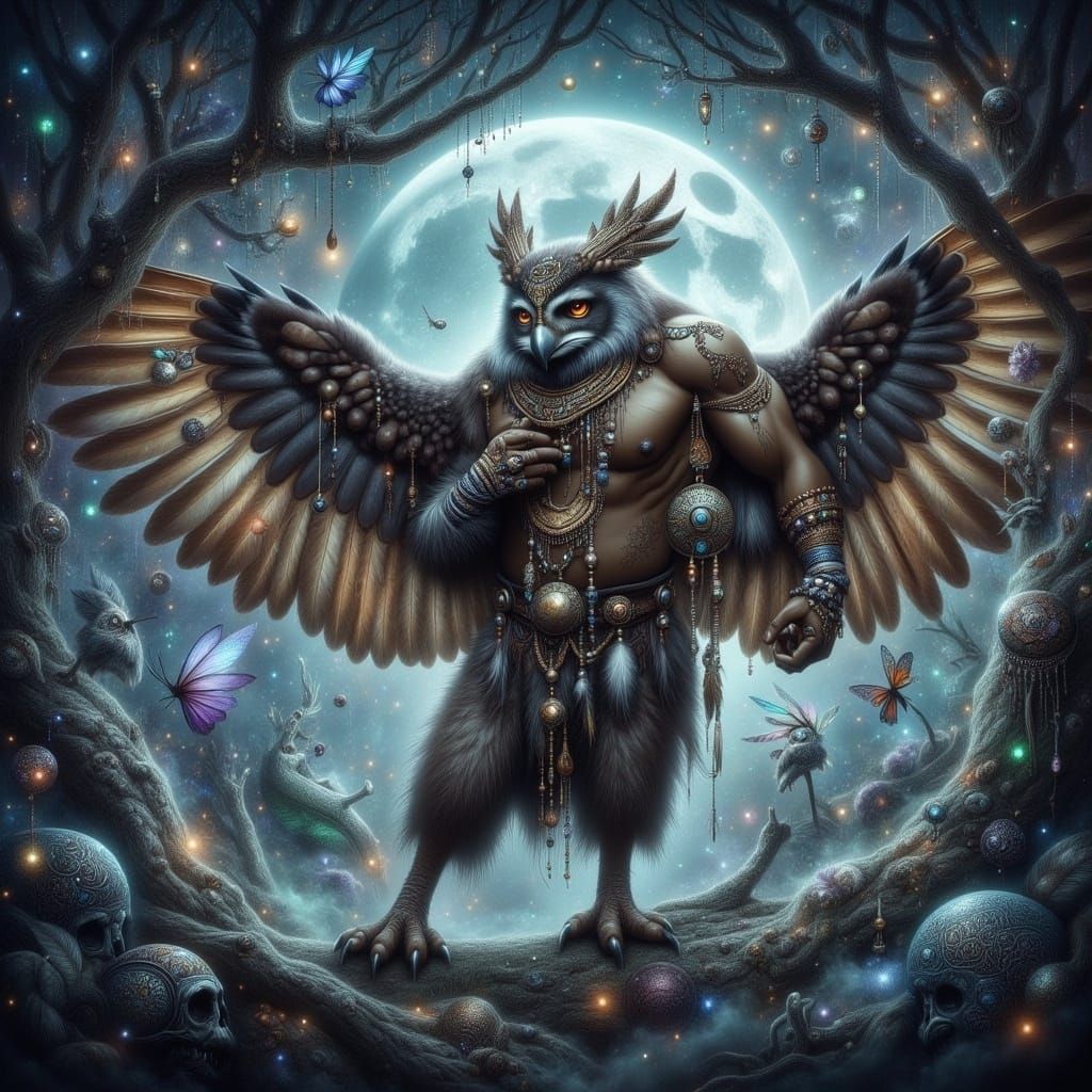 Surreal Mystic Being Blends Man and Owl in Dark, Dreamlike S...