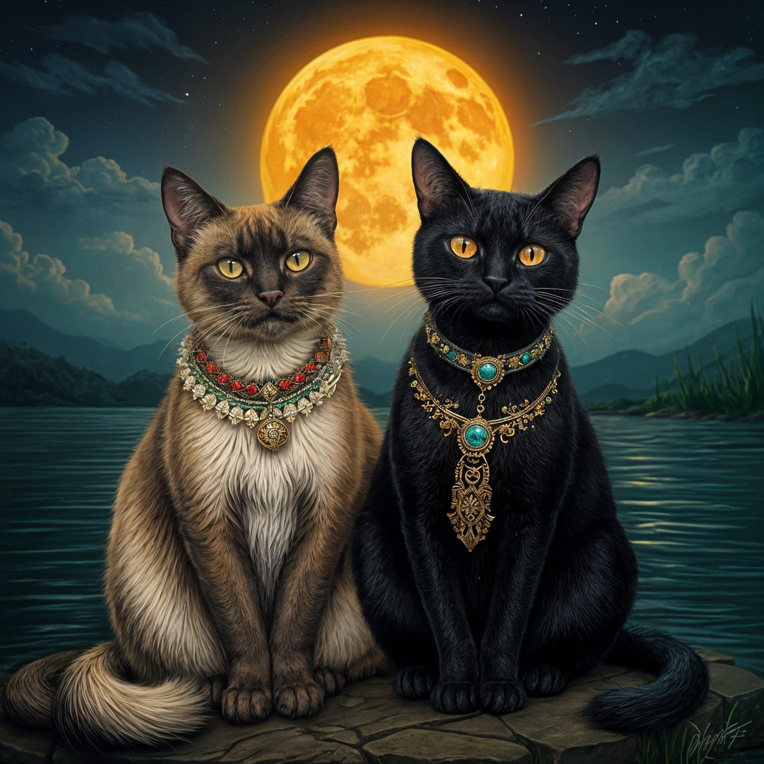 Moonlit Cats by Dark River