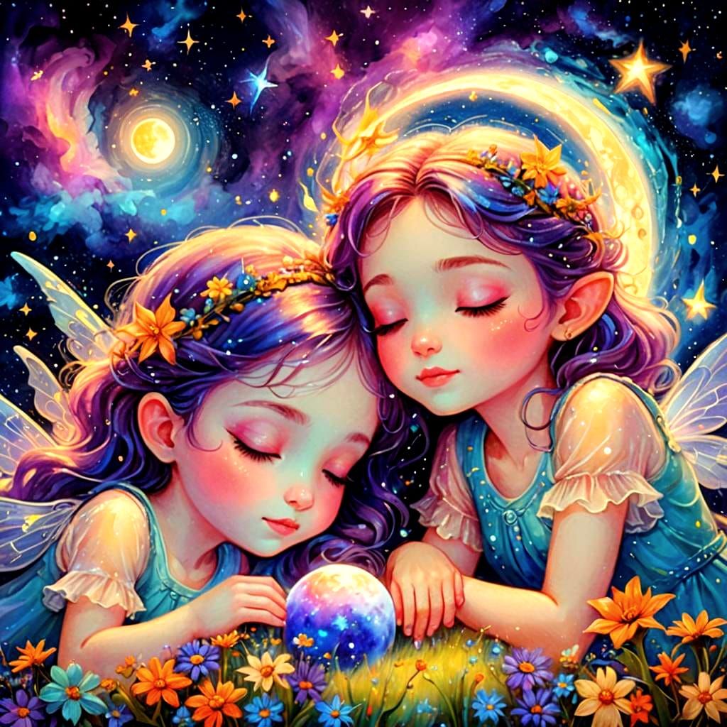 Fairies Sleeping on a Bioluminescent Moon in Galaxy
