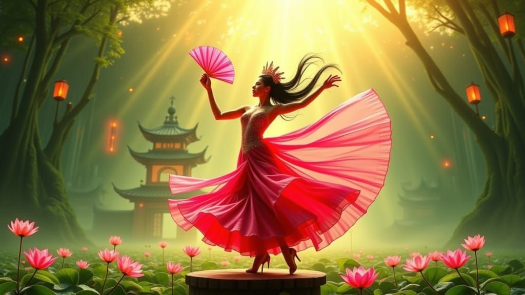 Ethereal Lotus Woman Dancing in Ancient Garden