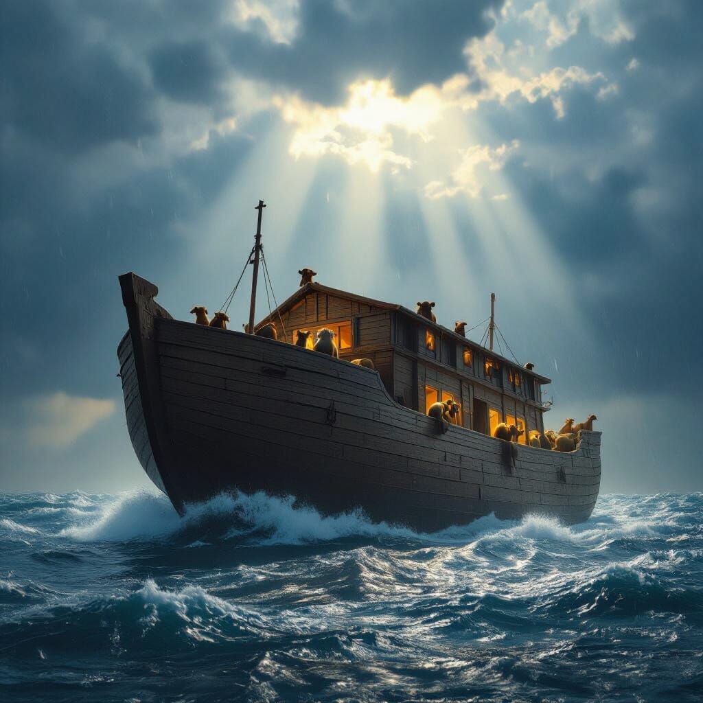 Noah's Ark Sails Stormy Seas Under Hopeful Sunlight