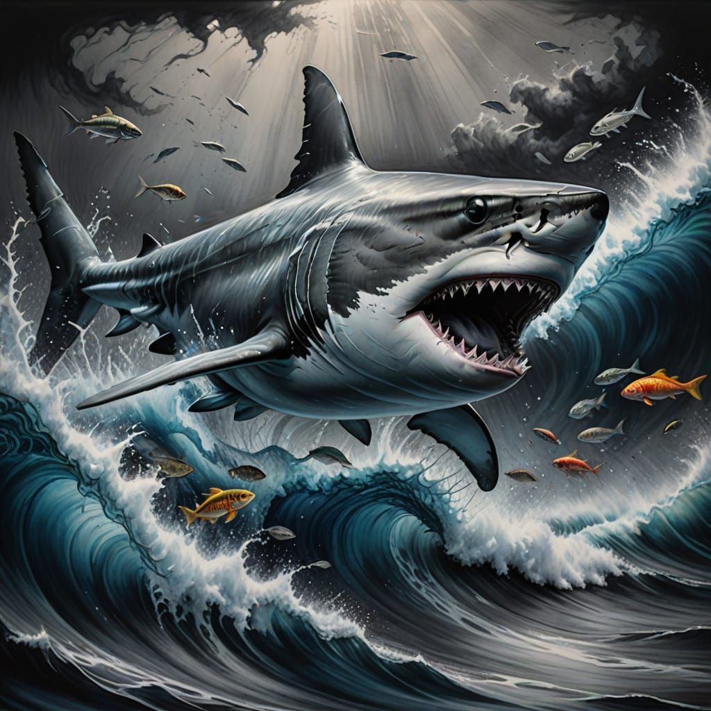 Shark Hunt in Charcoal Drawing
