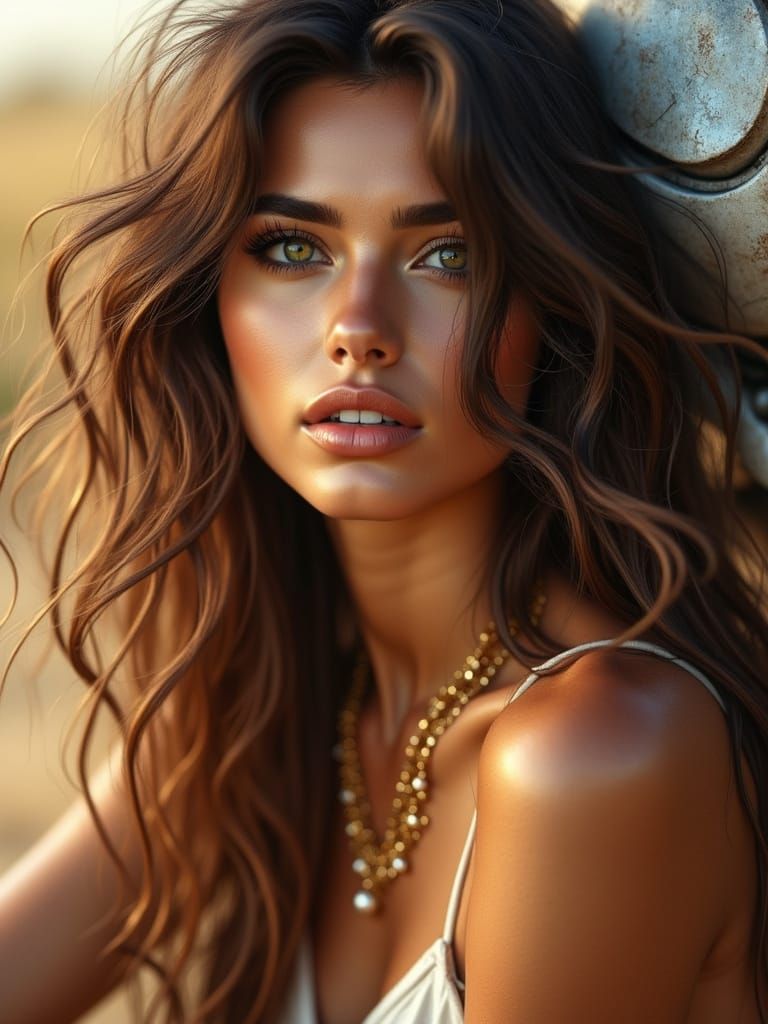 Woman in Robot Hand: Hyper-Realistic Dreamlike Beauty