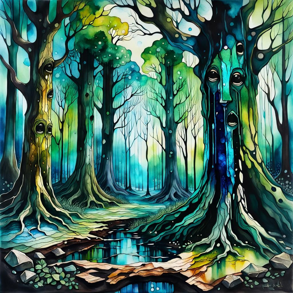Weeping Ancient Trees in Alcohol Ink Style