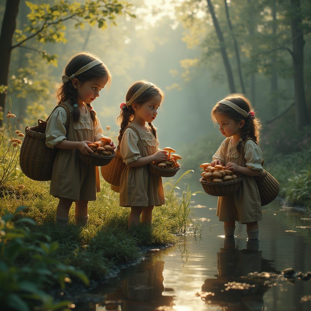 Girls Gather Wild Mushrooms in a Vibrant Forest
