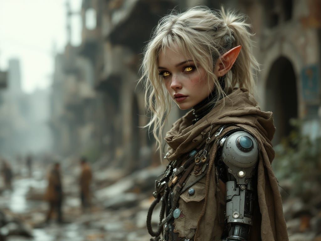 Cyborg Elf in Post-Apocalyptic Ruins