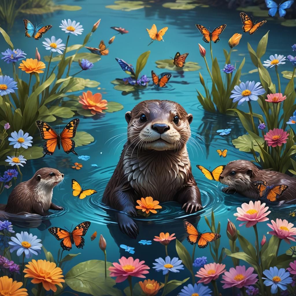 Cute Otter with Flower, Detailed Matte Painting