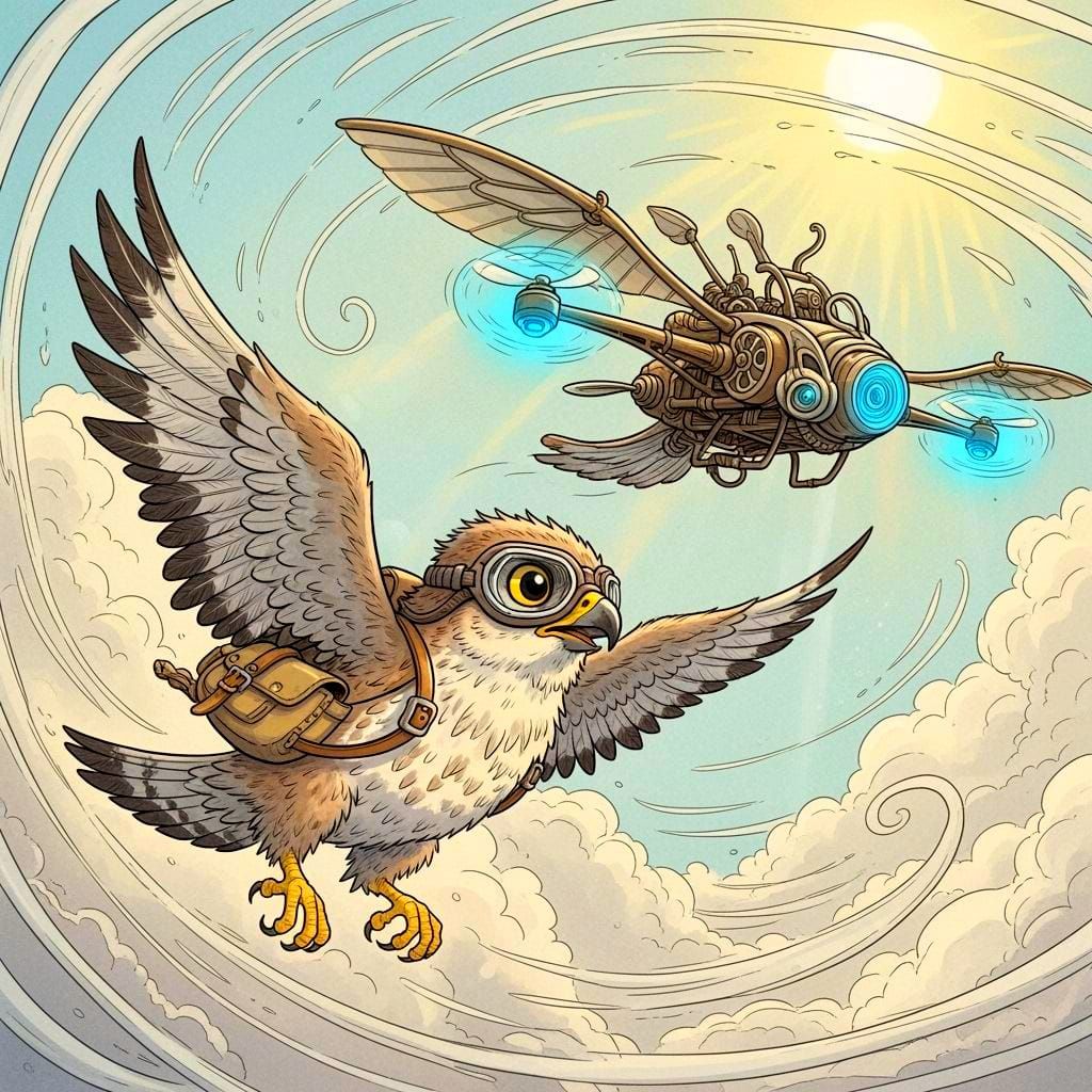Whimsical Hawk and Drone Race Through the Sky