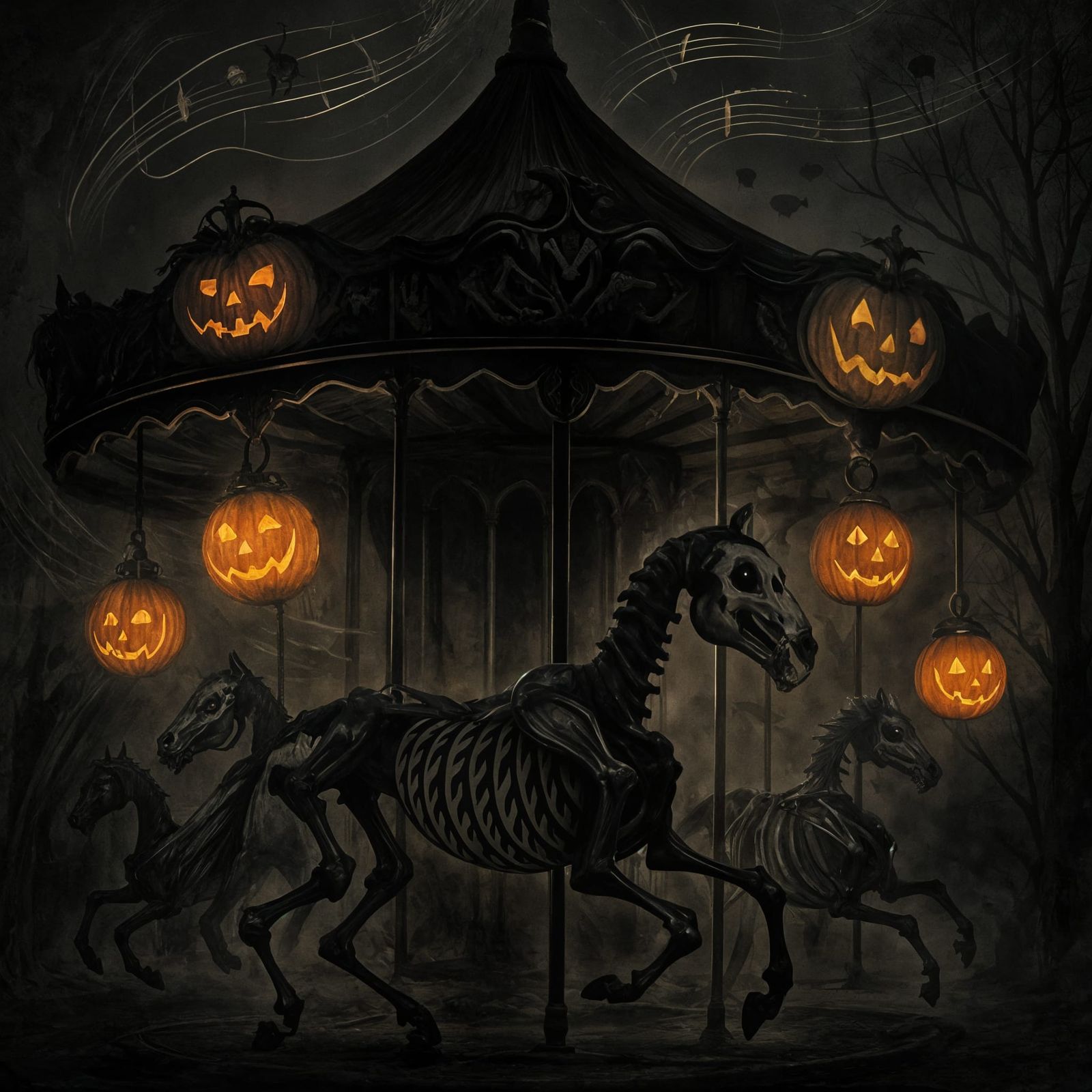 Creepy Halloween Carousel with Skeletal Horses