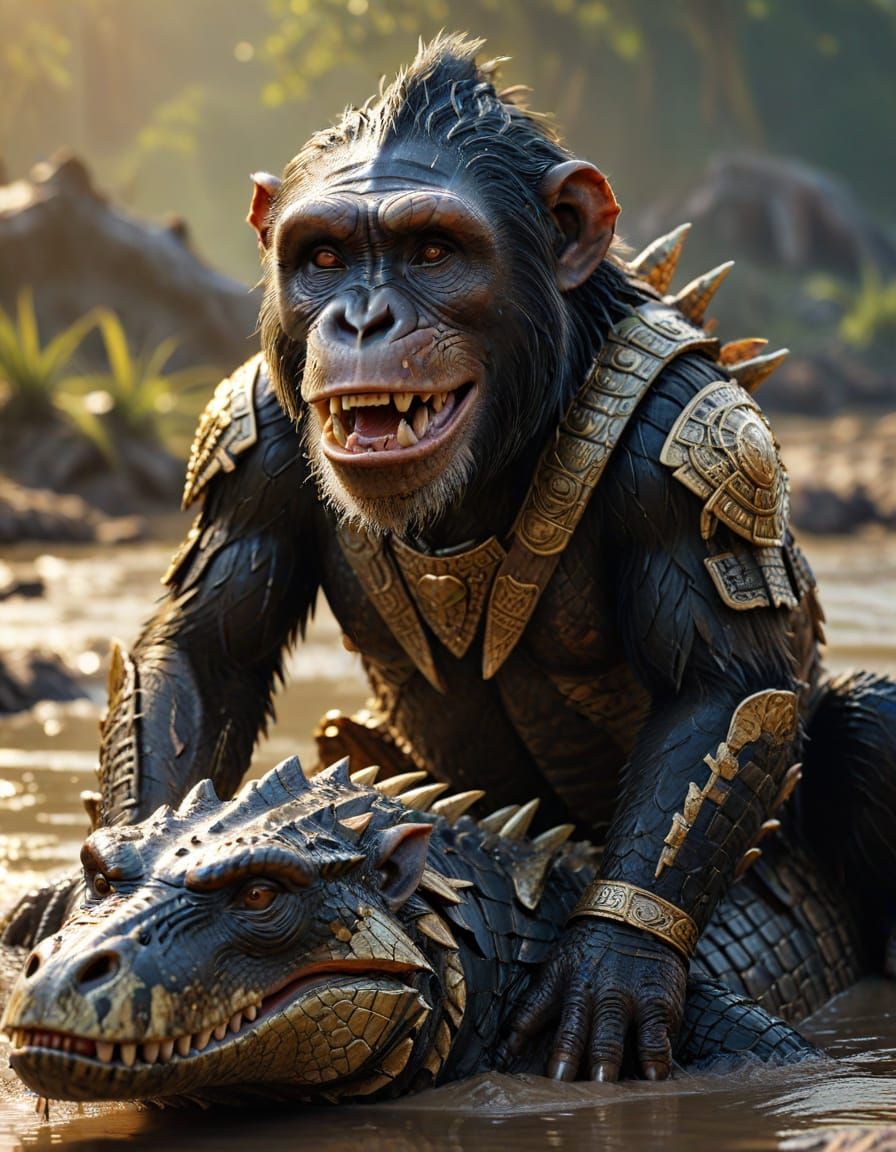 A chimpanzee dressed as a Viking warrior riding a croc.