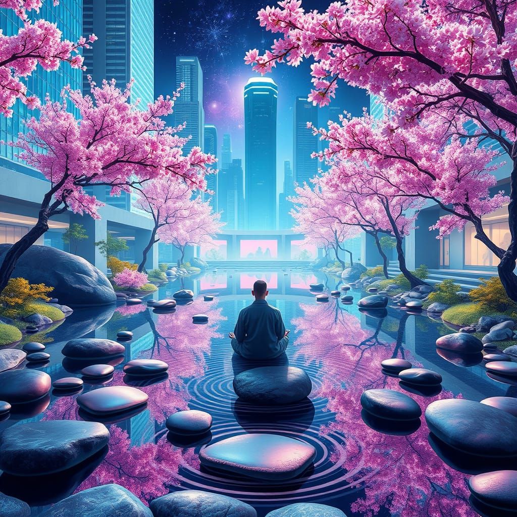 Surreal Zen Oasis in Futuristic Metropolis